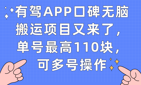 有驾APP口碑无脑搬运项目又来了，单号最高110块，可多号操作 - 晨鑫项目库-晨鑫项目库