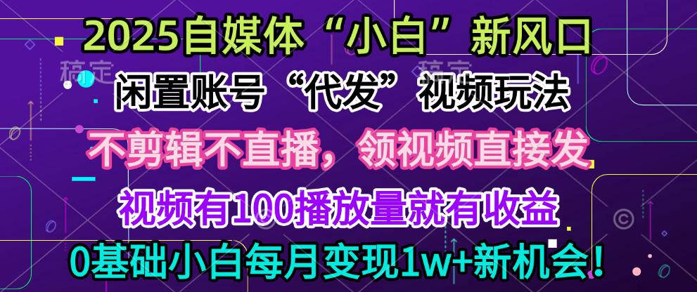 2025每月躺赚5w+新机会，闲置视频账号一键代发玩法，0粉不实名不剪辑，领了视频直接发，0基础小白也能日入300+ - 晨鑫项目库-晨鑫项目库