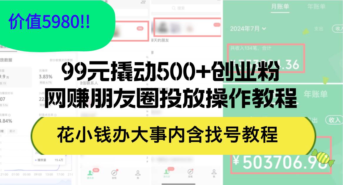 99元撬动500+创业粉，网赚朋友圈投放操作教程价值5980！花小钱办大事内... - 晨鑫项目库-晨鑫项目库